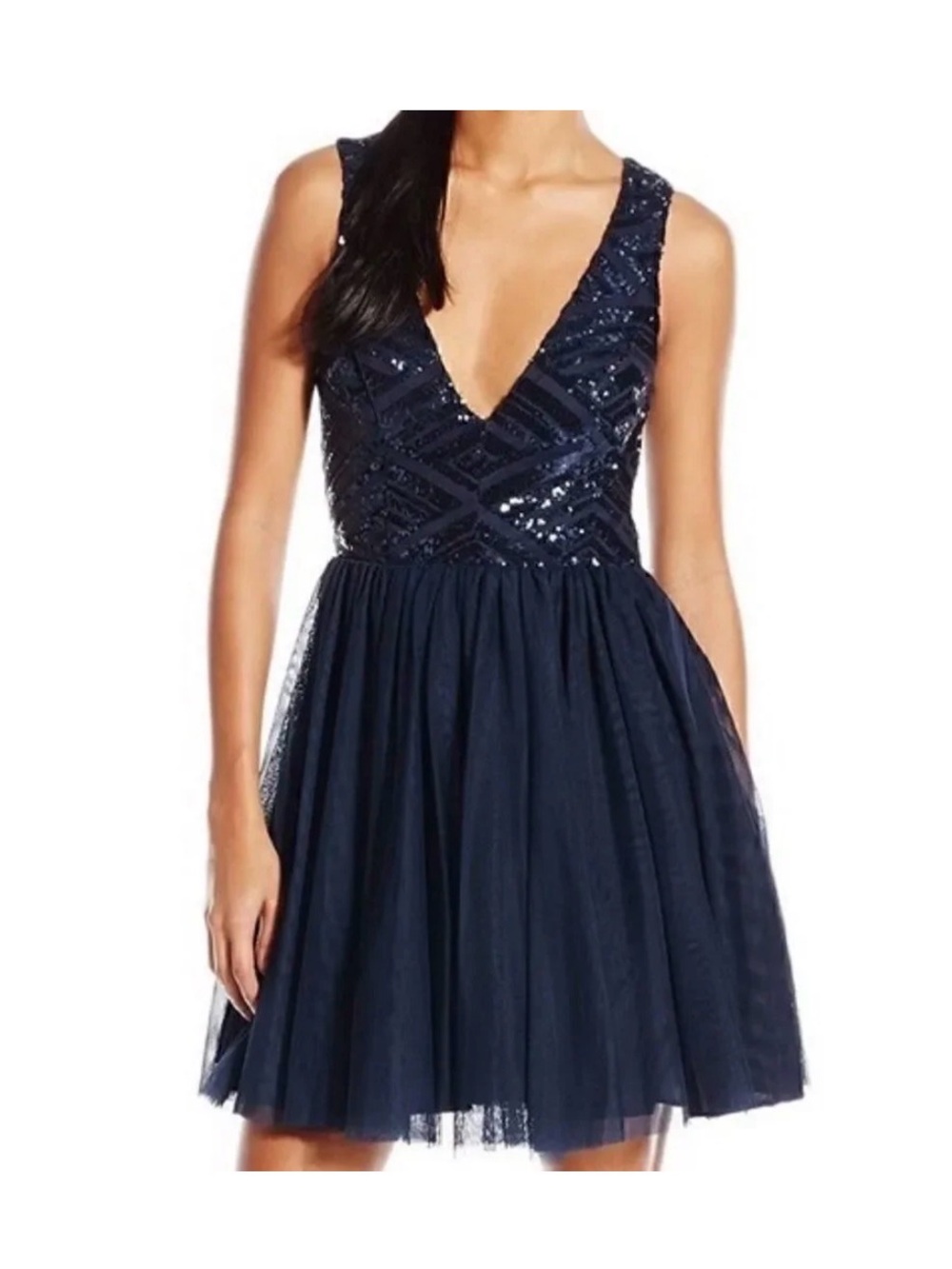 Navy Sequin V-Neck Tulle Dress